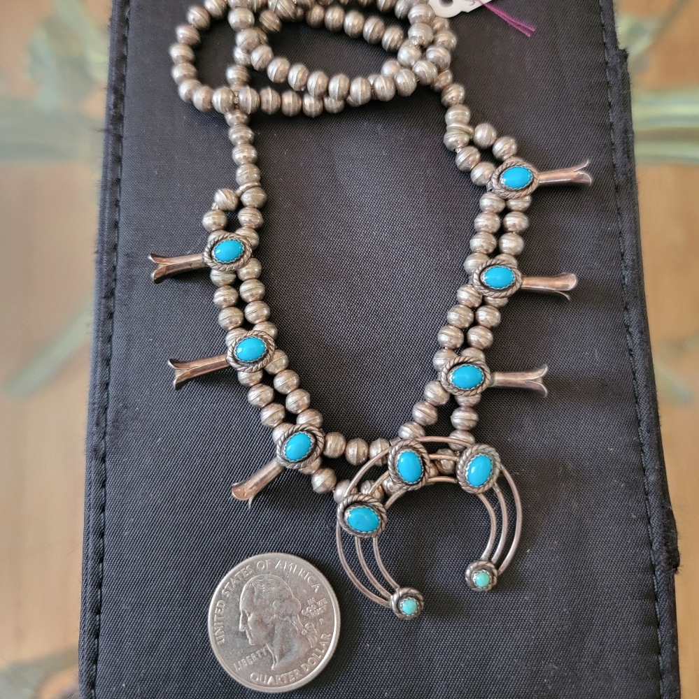 Authentic 20" Sterling Silver & Turquoise Squash Blossom Necklace